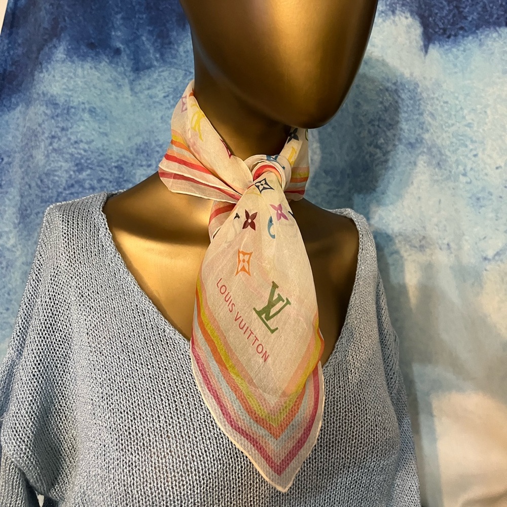 Authentic Louis Vuitton multicolor monogram Murakami Silk Scarf - Picture 8 of 8